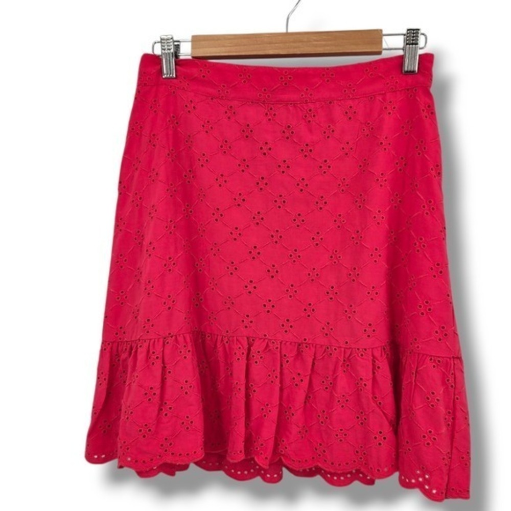 LOFT Petite Eyelet Skirt Ruffle Hem A-Line Mini Hot Pink Summer Casual Size‎ 4P